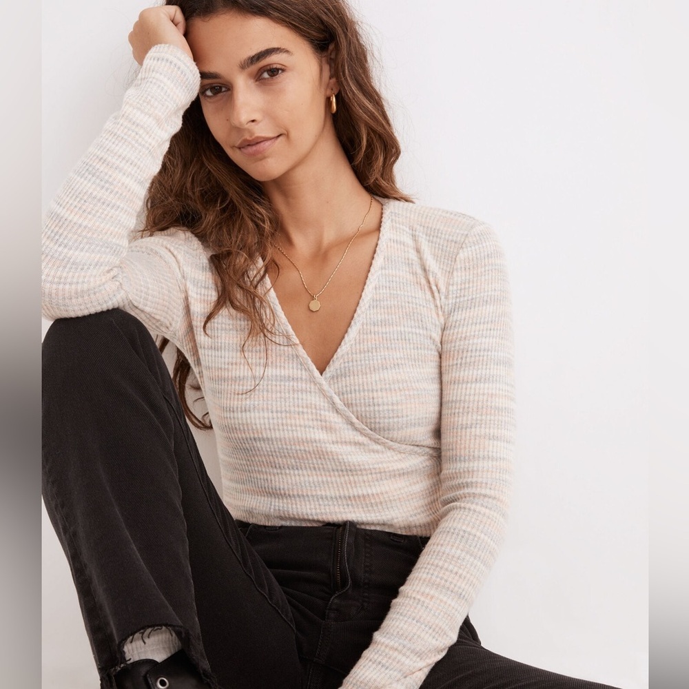 NWOT Madewell Space-Dye Pastel Faux Wrap soft Long Sleeve Top XS